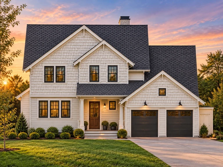 Front elevation of a New American modern traditional house with shingle siding, stone accents, covered entry, and attached two-car garage