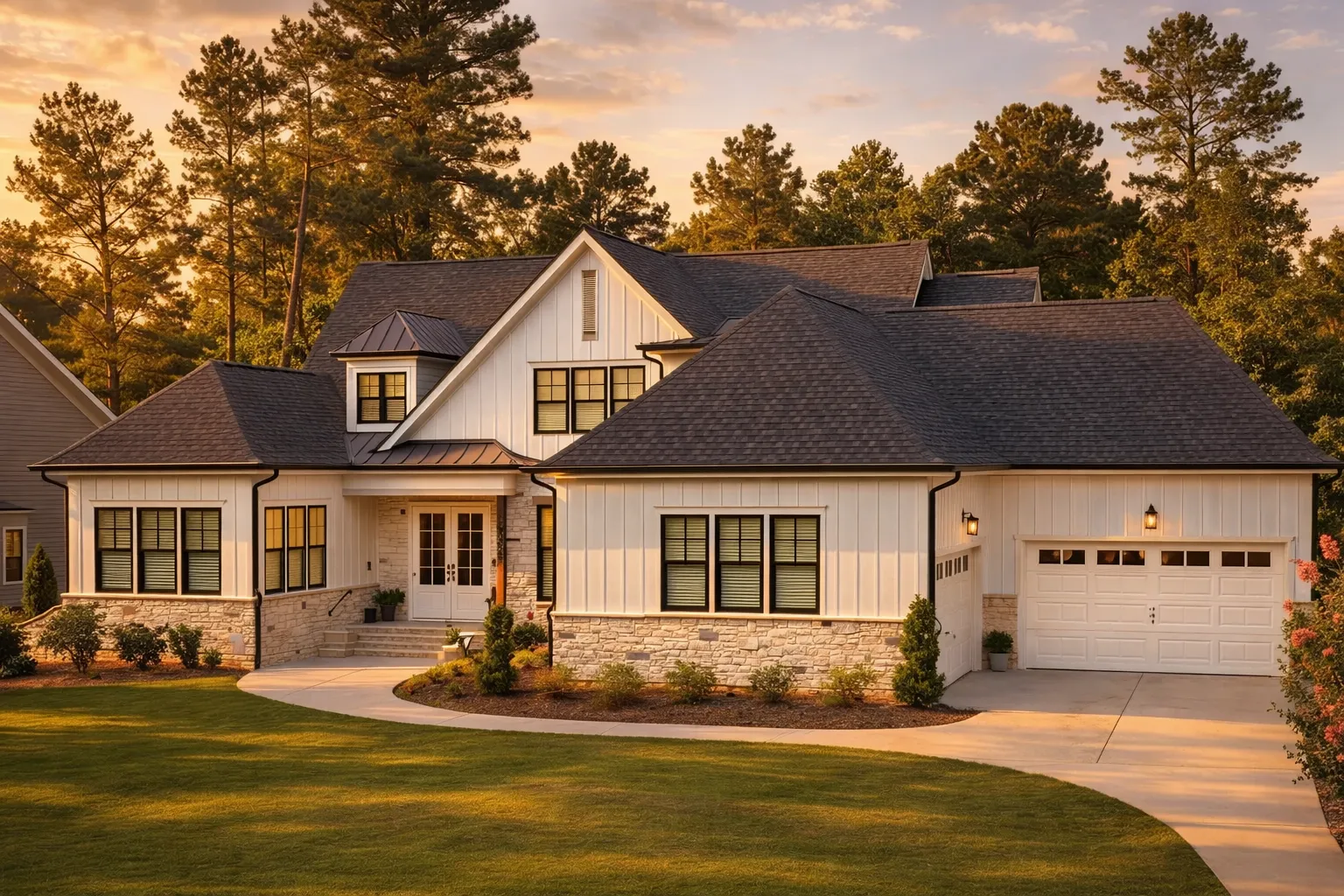 Front elevation of a Modern Farmhouse style home featuring board and batten siding, brick exterior accents, dark rooflines, and a welcoming covered entry