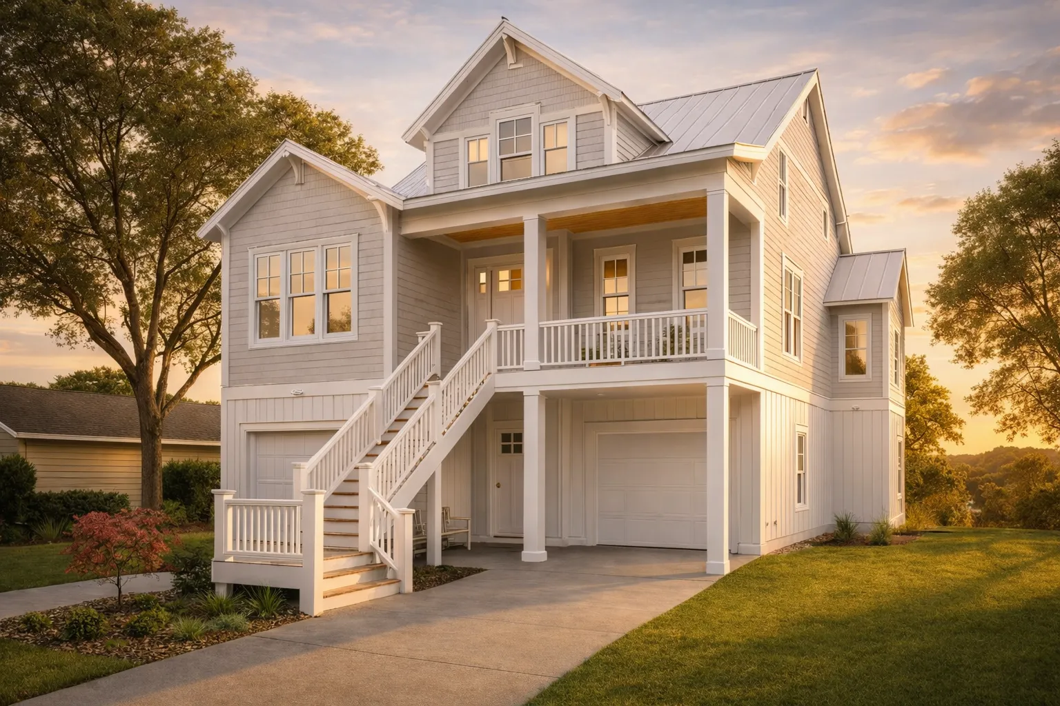 Front elevation of a Coastal Farmhouse style home with lap siding, standing seam metal roof, elevated garage, exterior stairs, and expansive covered porches