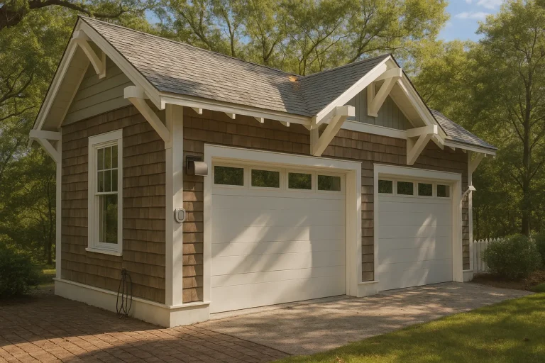 Craftsman Cottage style carriage house garage featuring cedar shingle siding, decorative wood brackets, and dual garage doors