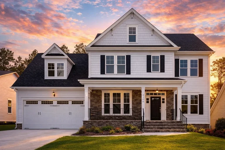 Front exterior view of a New American Modern Traditional house with horizontal siding, stone porch columns, symmetrical windows, and covered entry