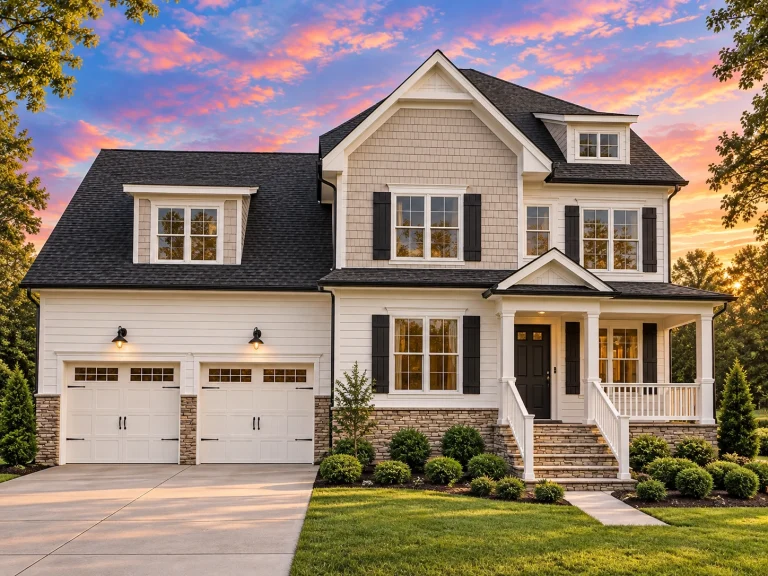 Front elevation of a New American modern traditional house with horizontal siding, stone accents, covered porch, and attached two-car garage