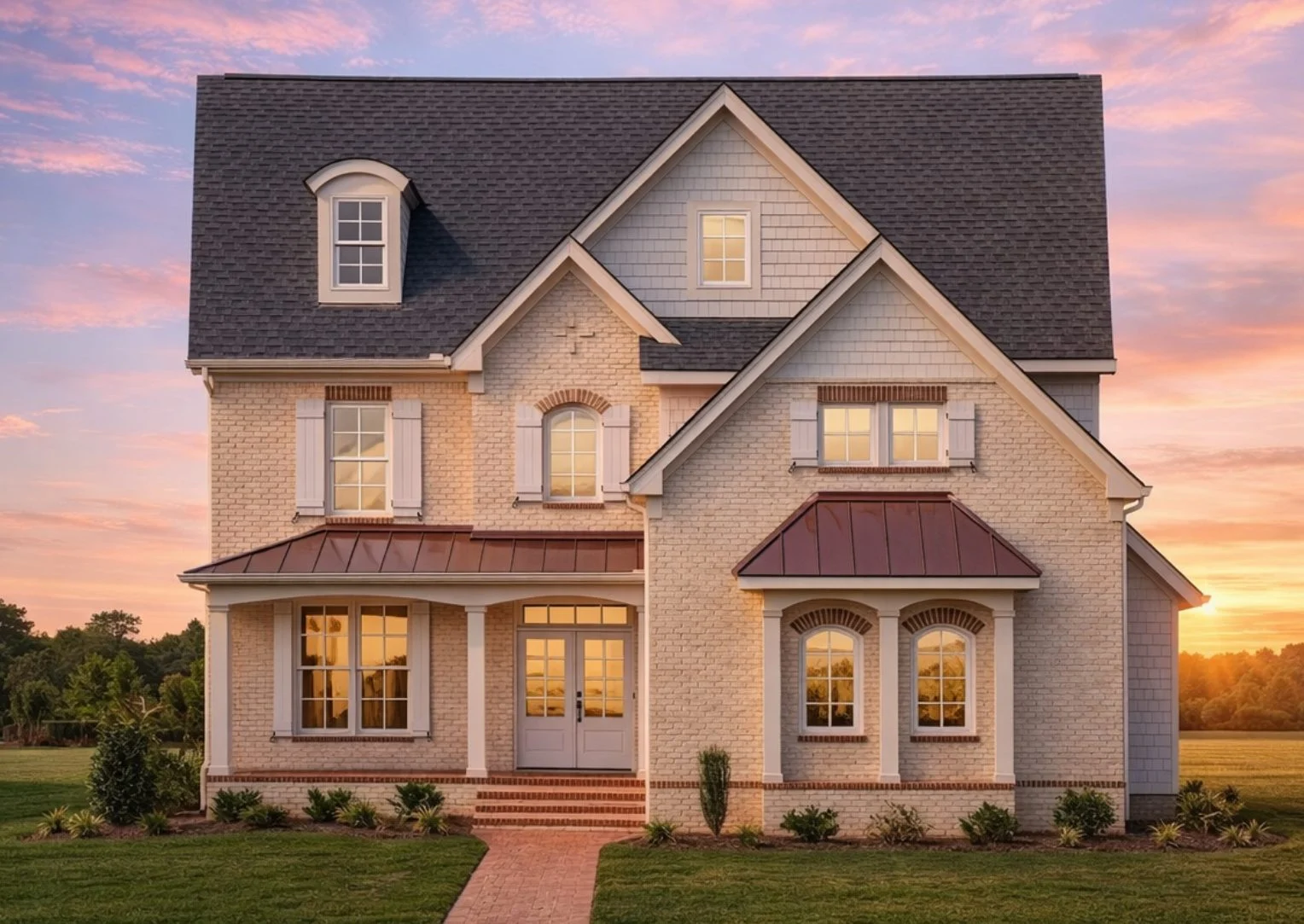 Front elevation of a Traditional Colonial Revival style home featuring light horizontal siding, stone accents, and dormer windows under a steep gable roof