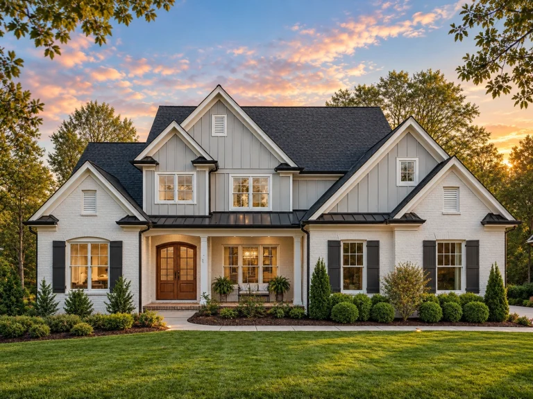 Front exterior of a New American Modern Traditional style home featuring painted brick, board and batten siding, steep gables, and symmetrical suburban curb appeal