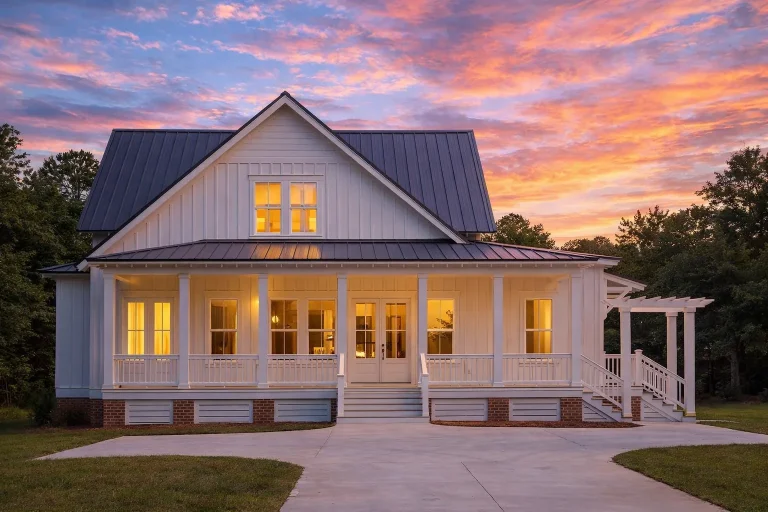 Front elevation of Modern Farmhouse style home with white board and batten siding, metal roof, brick foundation, and full-width covered porch