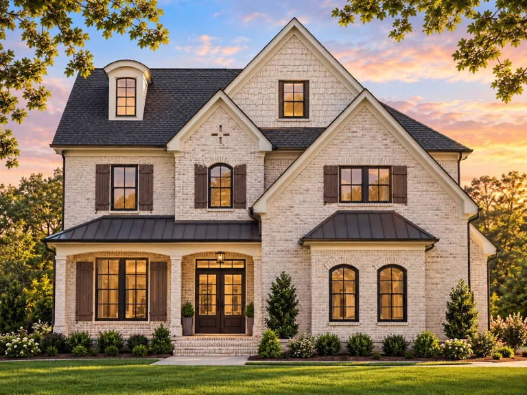 Front elevation of a Traditional Colonial Revival style home featuring light horizontal siding, stone accents, and dormer windows under a steep gable roof
