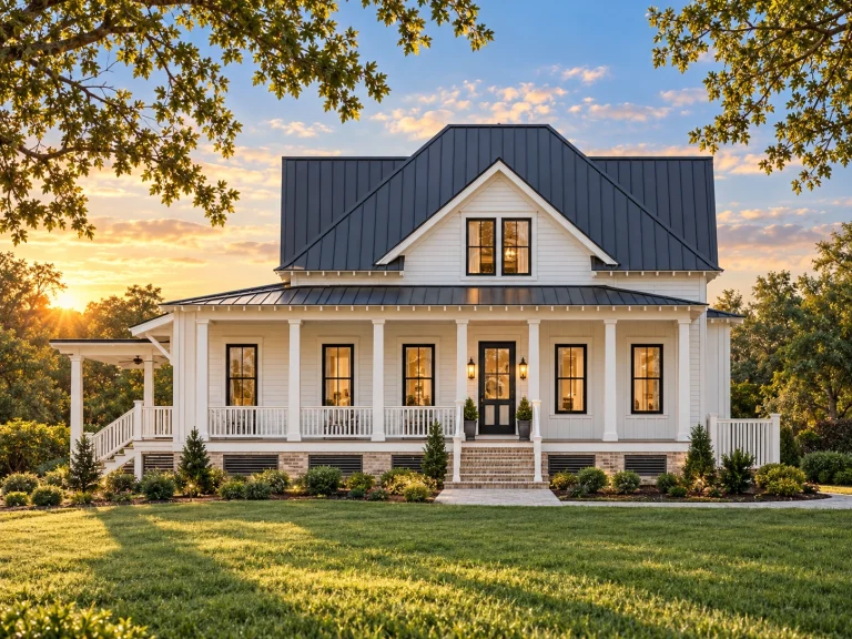 Front elevation of Modern Farmhouse style home with white board and batten siding, metal roof, brick foundation, and full-width covered porch