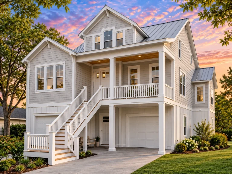 Modern Suburban House Plans 13 Front elevation of a Coastal Farmhouse style home with lap siding, standing seam metal roof, elevated garage, exterior stairs, and expansive covered porches