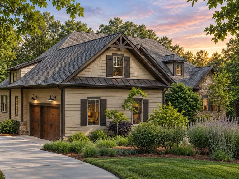 Front exterior of Craftsman Cottage style home with horizontal lap siding, shake gable accents, and covered entry