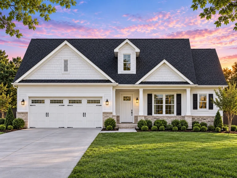 Front elevation of a Traditional Ranch style home featuring stone, horizontal siding, and board and batten accents with a clean symmetrical façade