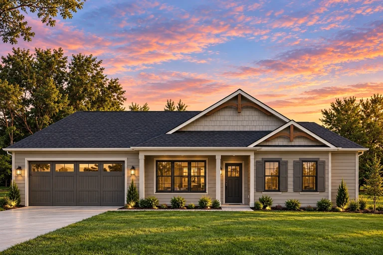 Front elevation of a Traditional Ranch style home featuring stone accents, horizontal lap siding, gabled rooflines, and a welcoming covered porch entry
