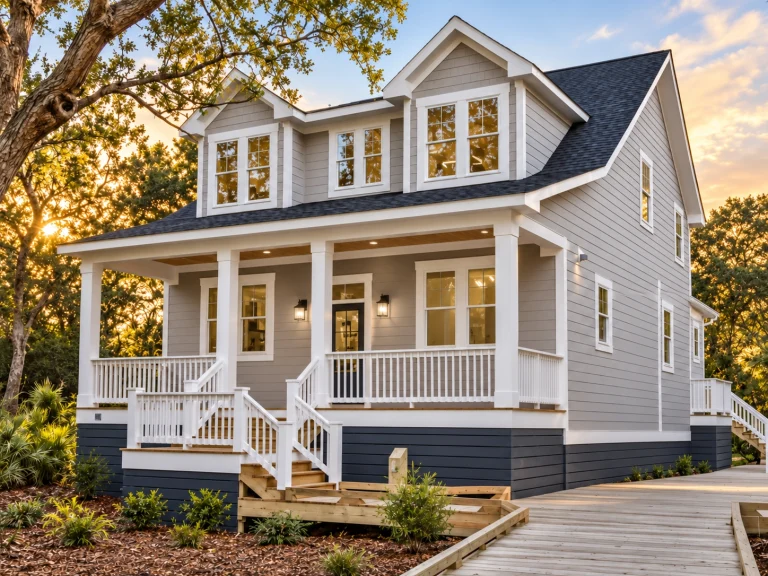 Conventional House Plans 22 Front elevation of a Traditional Colonial style home with lap siding, stone accents, symmetrical windows, and covered front porch