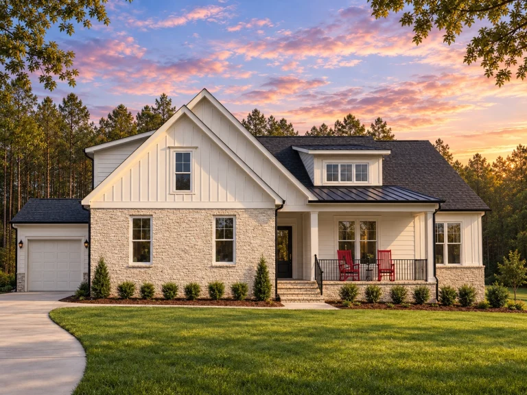 Conventional House Plans 25 Front elevation of a modern farmhouse style home featuring board and batten siding, stone exterior accents, metal roof details, and a covered porch