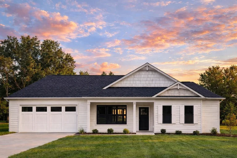 Front elevation of a Traditional Ranch style home featuring stone accents, horizontal lap siding, gabled rooflines, and a welcoming covered porch entry