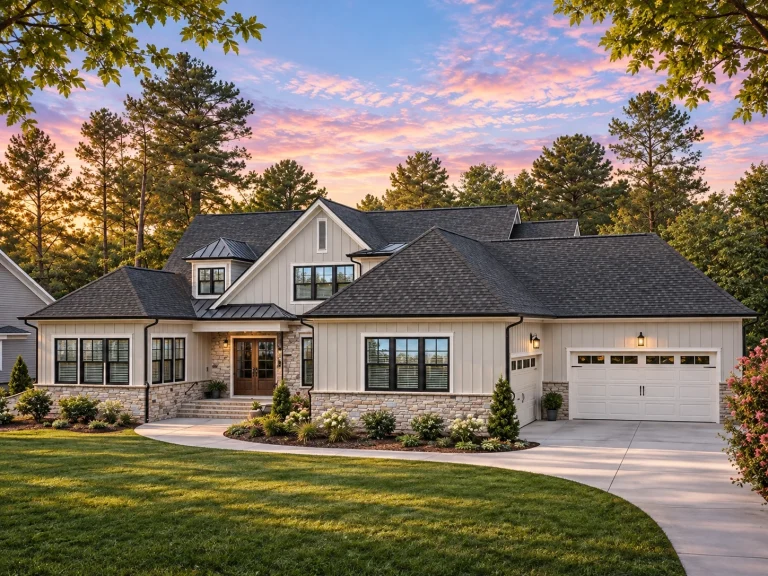 Modern Farmhouse House Plans 23 Front elevation of a Modern Farmhouse style home featuring board and batten siding, brick exterior accents, dark rooflines, and a welcoming covered entry
