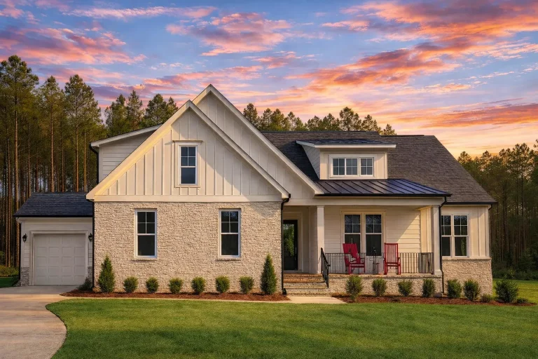 Front elevation of a modern farmhouse style home featuring board and batten siding, stone exterior accents, metal roof details, and a covered porch