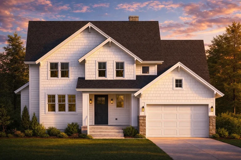 Front elevation of a New American modern traditional house with shingle siding, stone accents, covered entry, and attached two-car garage