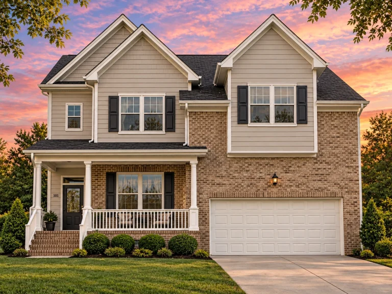 Transitional Ranch House Plans 17 Front elevation of a Traditional Suburban Neo-Colonial style home with brick exterior, horizontal siding, covered porch, and attached two-car garage
