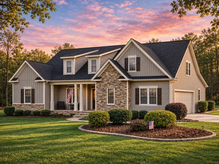 Front elevation of a Modern Farmhouse with board-and-batten and horizontal lap siding, stone accents, dormer windows, black shutters, and a covered porch