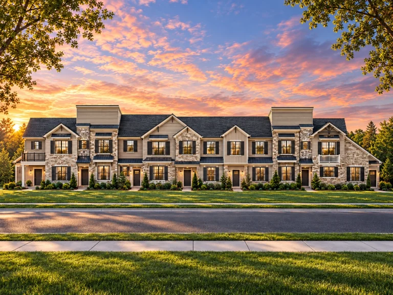 Front elevation of a Traditional Townhouse featuring stone veneer accents, horizontal siding, and symmetrical modern-traditional design details