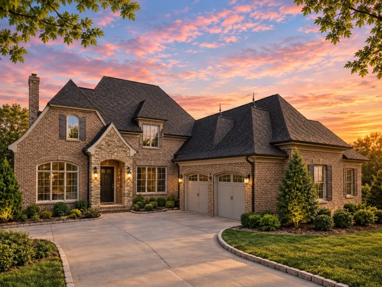 Triplex House Plans 11 Front elevation of a French Country Traditional style home featuring brick exterior, stone accents, gabled rooflines, and classic architectural detailing