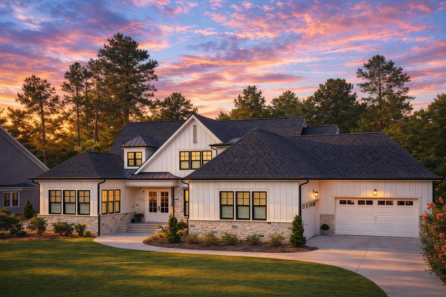 Front elevation of a Modern Farmhouse style home featuring board and batten siding, brick exterior accents, dark rooflines, and a welcoming covered entry