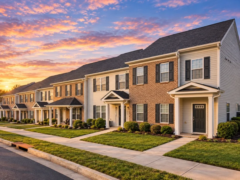 Front elevation of a Traditional Suburban style townhome featuring horizontal siding, stone accents, shuttered windows, and gabled rooflines
