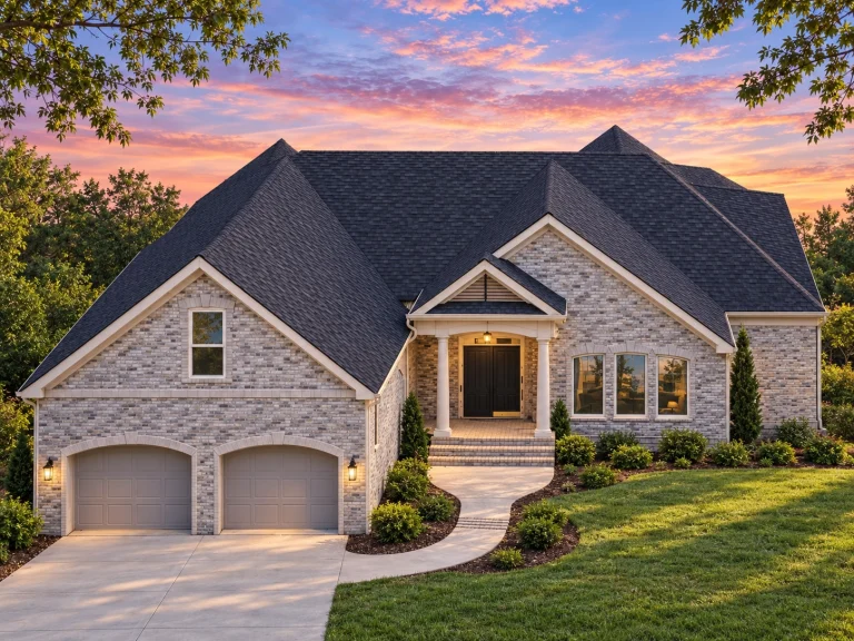 Front elevation of a New American modern traditional house with stone exterior, horizontal siding, gabled rooflines, and covered entry porch