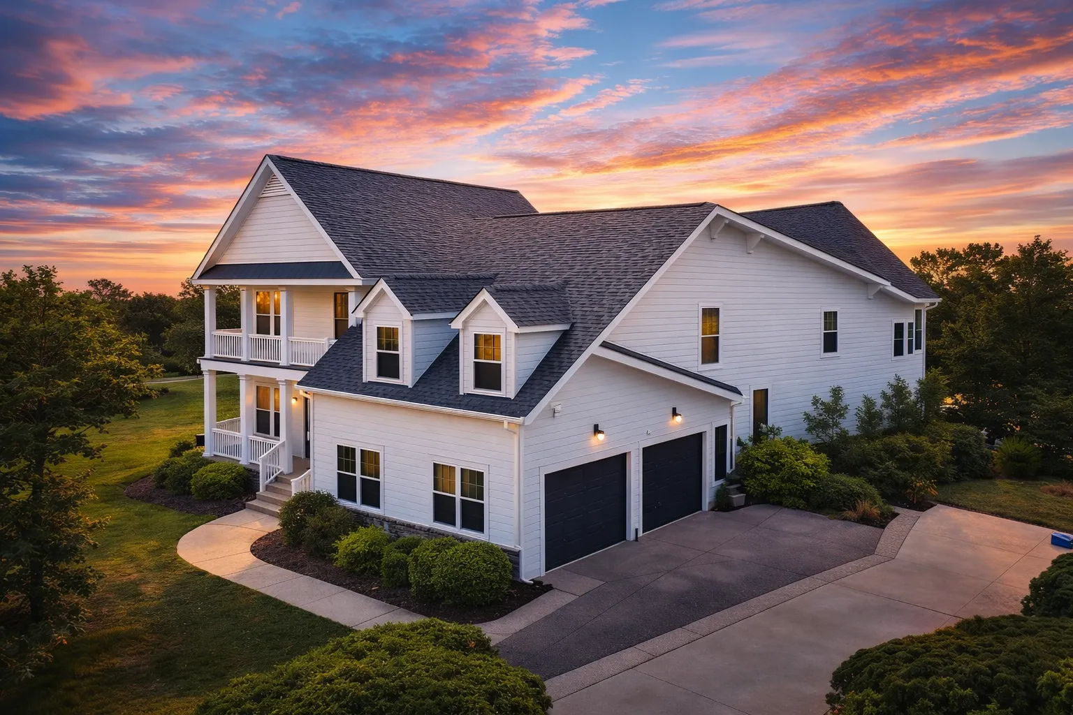 Front elevation of a Colonial Traditional style home featuring cream horizontal siding, black shutters, and a brick foundation for timeless Southern charm