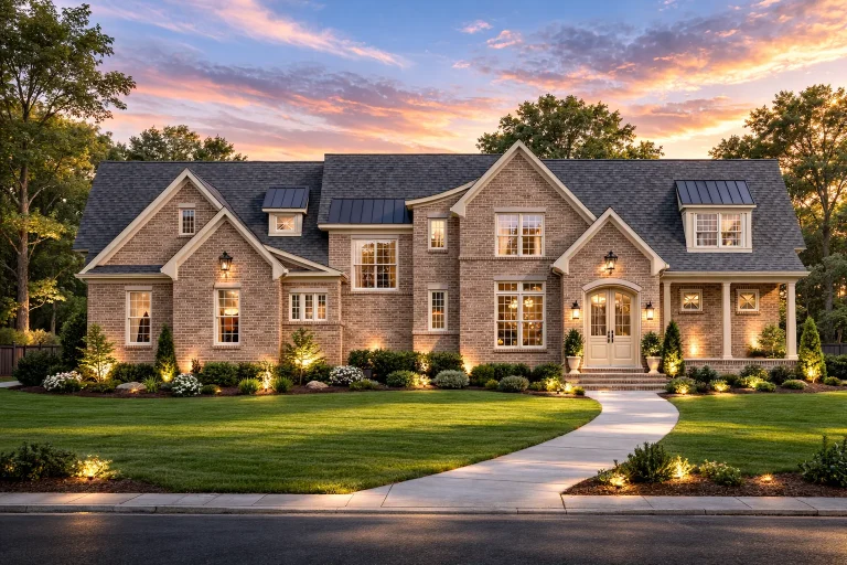 Front elevation of a Traditional Colonial and Neo-Colonial style home with full brick exterior, steep gable rooflines, dormer windows, and refined suburban curb appeal