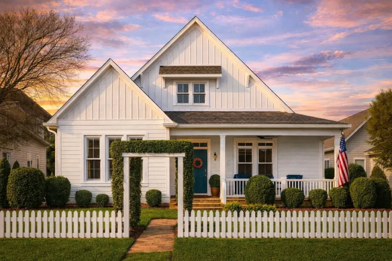 Front elevation of a coastal cottage farmhouse style home with pale green lap siding, board-and-batten gables, white trim, welcoming front porch, and white picket fence
