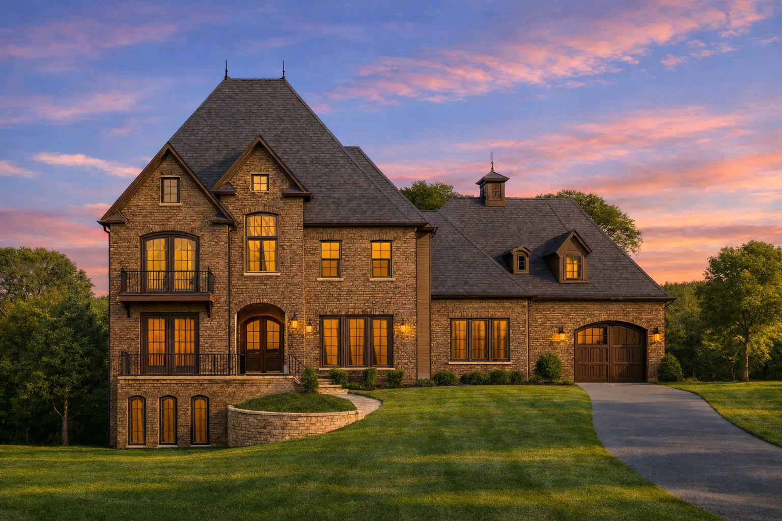 Front exterior of a French Country European style luxury home featuring a brick façade, steep rooflines, arched windows, and symmetrical estate architecture
