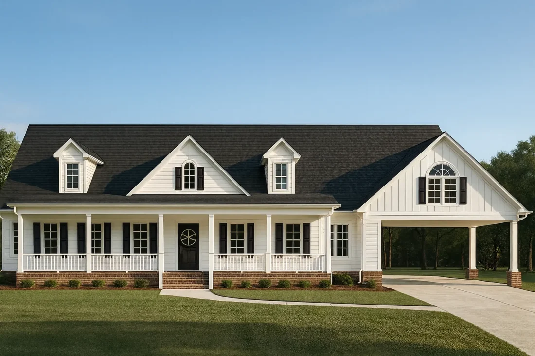 Front elevation of a Southern Farmhouse Ranch style home featuring board and batten siding, brick accents, large front porch, and dormer windows