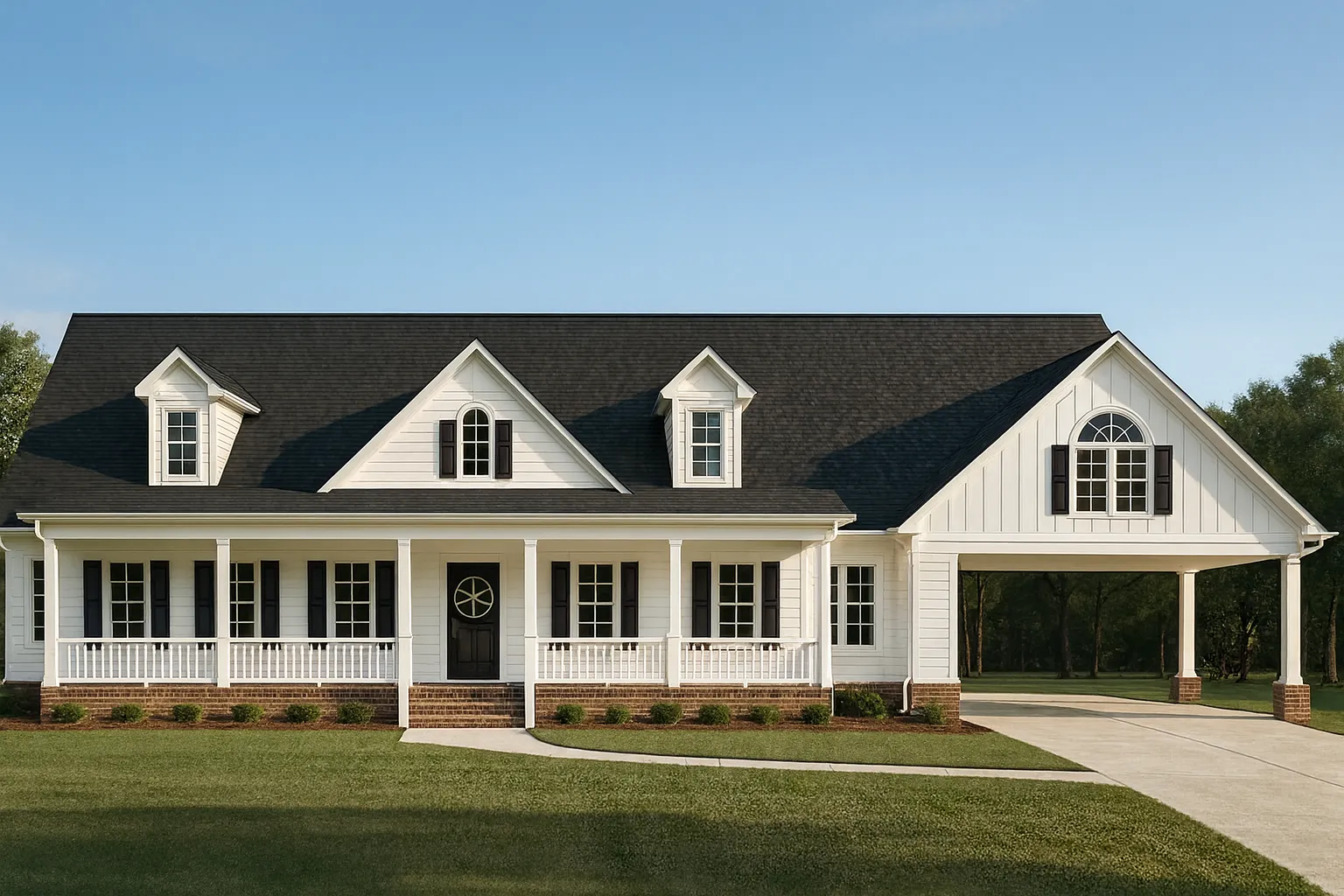 Front elevation of a Traditional Ranch style home featuring blue horizontal siding, dormer windows, a large covered porch, and a classic symmetrical façade