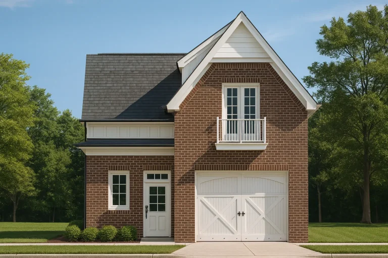 Front elevation of a Colonial Revival style garage apartment with brick exterior, board and batten gable, Juliet balcony, and traditional carriage garage door