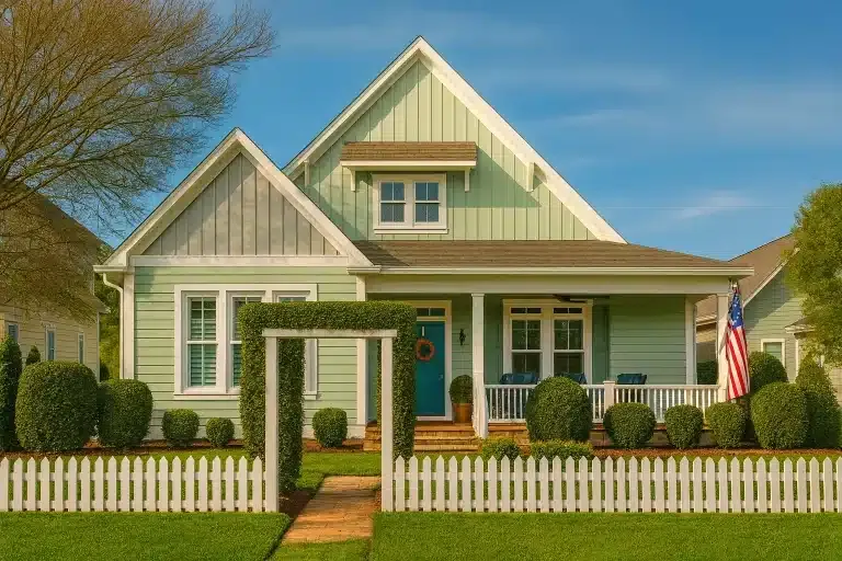Front elevation of a coastal cottage farmhouse style home with pale green lap siding, board-and-batten gables, white trim, welcoming front porch, and white picket fence