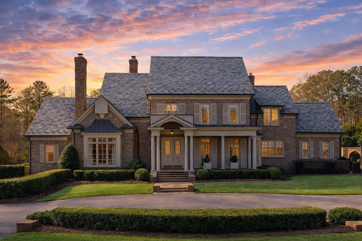 Front elevation of a Colonial Revival style home with painted brick, clapboard siding, symmetrical façade, and covered entry porch