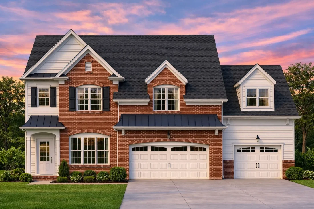Front elevation of a Traditional Colonial style home featuring red brick exterior, white trim, and black double garage doors with balanced architectural proportions