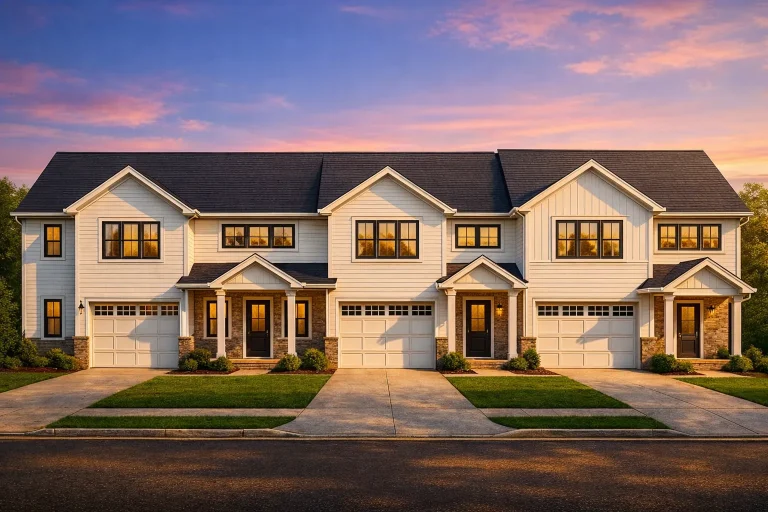 House Plans with Basement Garage 25 Front elevation of a Transitional Traditional townhouse with board and batten siding, brick base, and symmetrical modern detailing