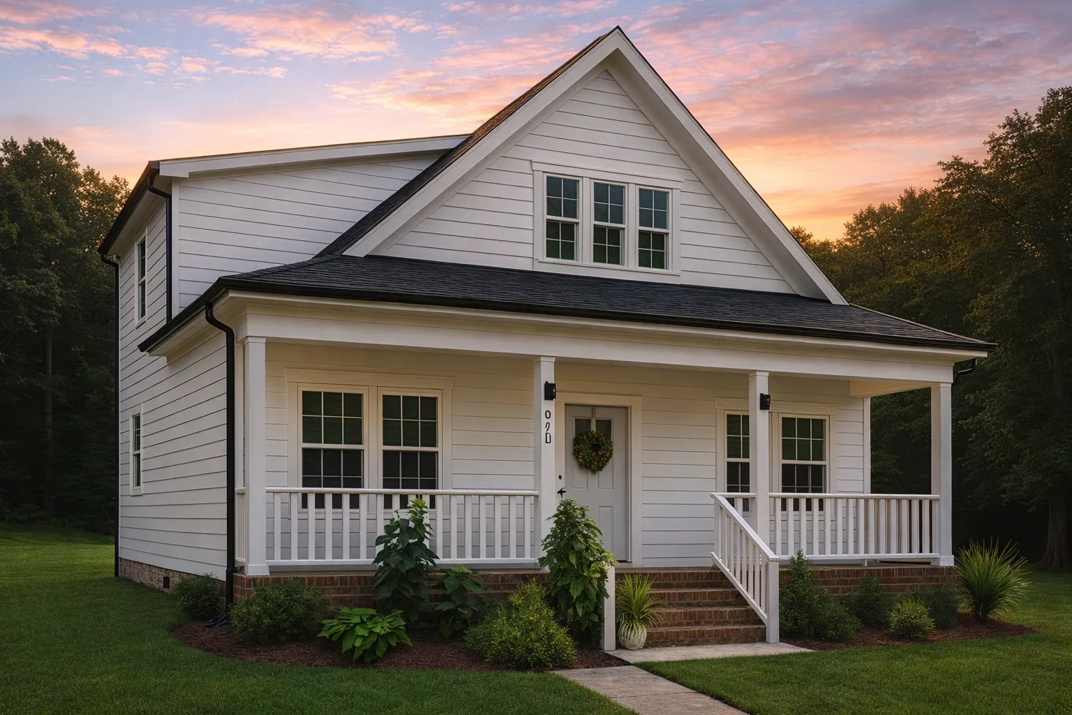 Front view of a Traditional Cottage style home featuring Craftsman-inspired detailing, lap siding, and a welcoming covered front porch surrounded by nature.