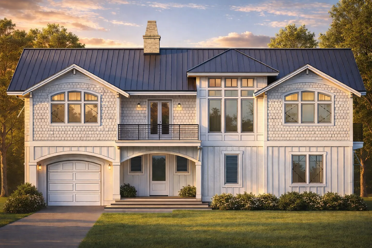 Front elevation of a New American Modern Traditional house featuring board and batten siding, stone accents, balanced rooflines, and large black-framed windows