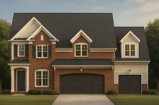 Front elevation of a Traditional Colonial style home featuring red brick exterior, white trim, and black double garage doors with balanced architectural proportions