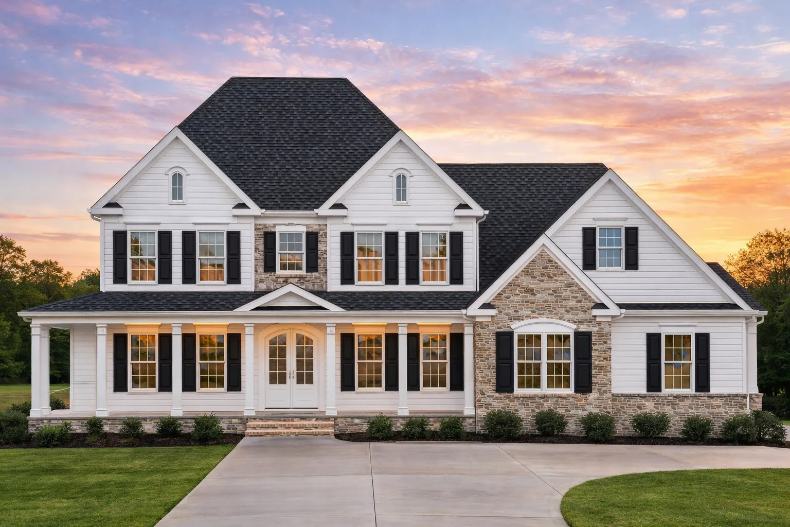 Front elevation of a New American Modern Traditional house with horizontal siding, stone accents, and covered front porch