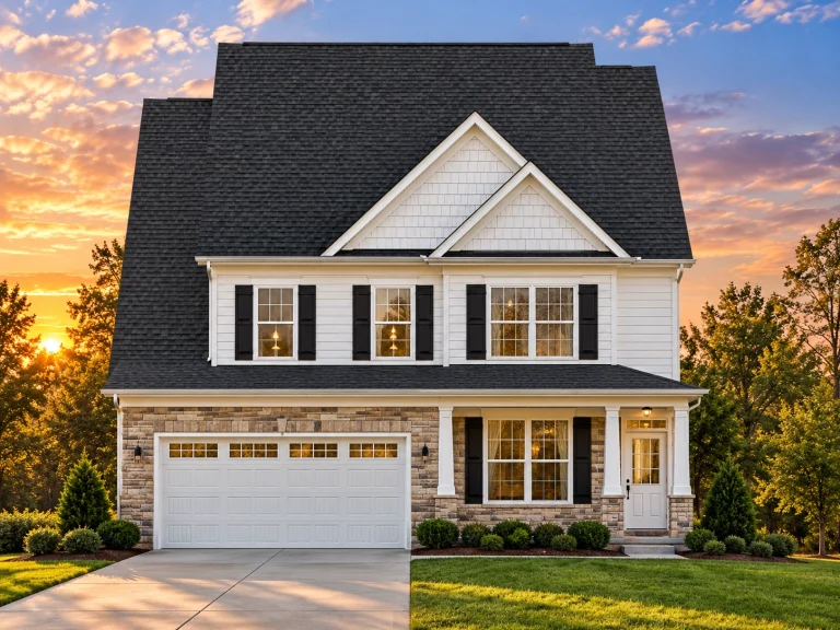 Front elevation of a Traditional Colonial style home with brick accents, horizontal siding, symmetrical windows, and an attached two-car garage