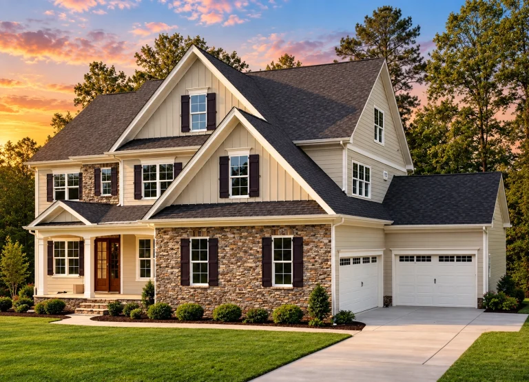 Front elevation of Traditional Colonial home with brick exterior, lap siding, dormer windows, and side-entry two-car garage