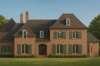 Front elevation of a French Provincial and French Country style home featuring classic brick exterior, steep hip roof, and symmetrical shutters