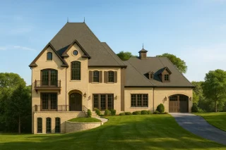Front view of a French Provincial and French Country style home with brick exterior, tall windows, and steep gabled rooflines