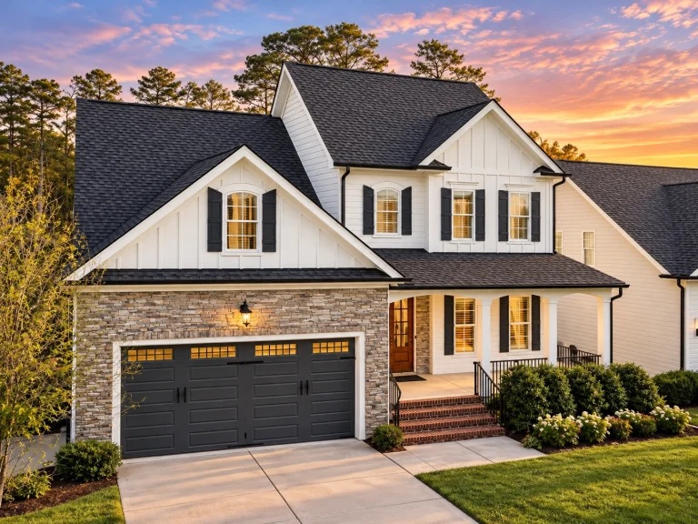 Front elevation of a Traditional Colonial style home with lap siding, stone-accented garage, symmetrical windows, and covered front porch