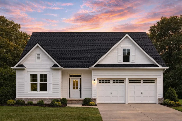 Front view of a Modern Farmhouse style home featuring horizontal siding, brick foundation, and dark wood carriage garage doors