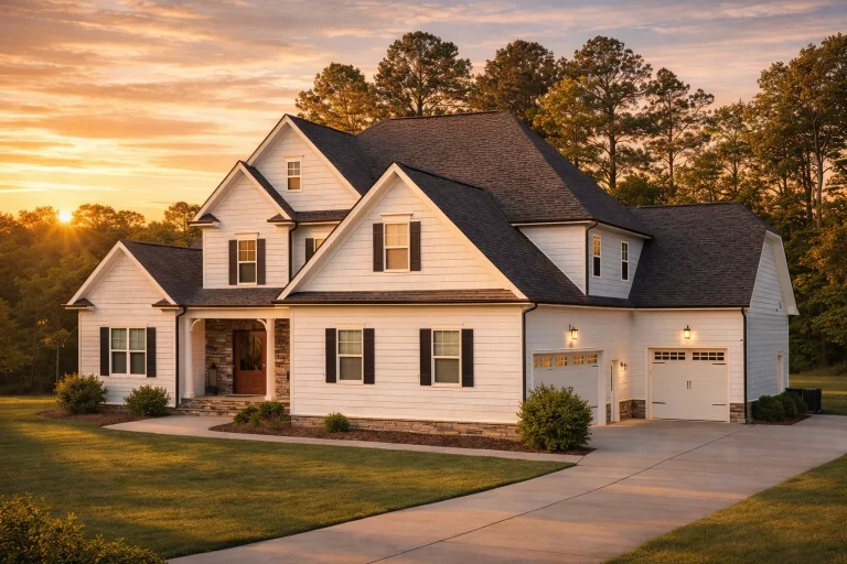 Front elevation of a New American Modern Farmhouse style home featuring white horizontal siding, stone accents, gabled rooflines, and an attached garage
